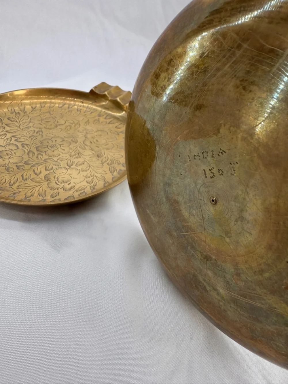 MCM Boho Decor Vintage Etched Brass Floral Ashtray & Walnut Wood Trinket Dish